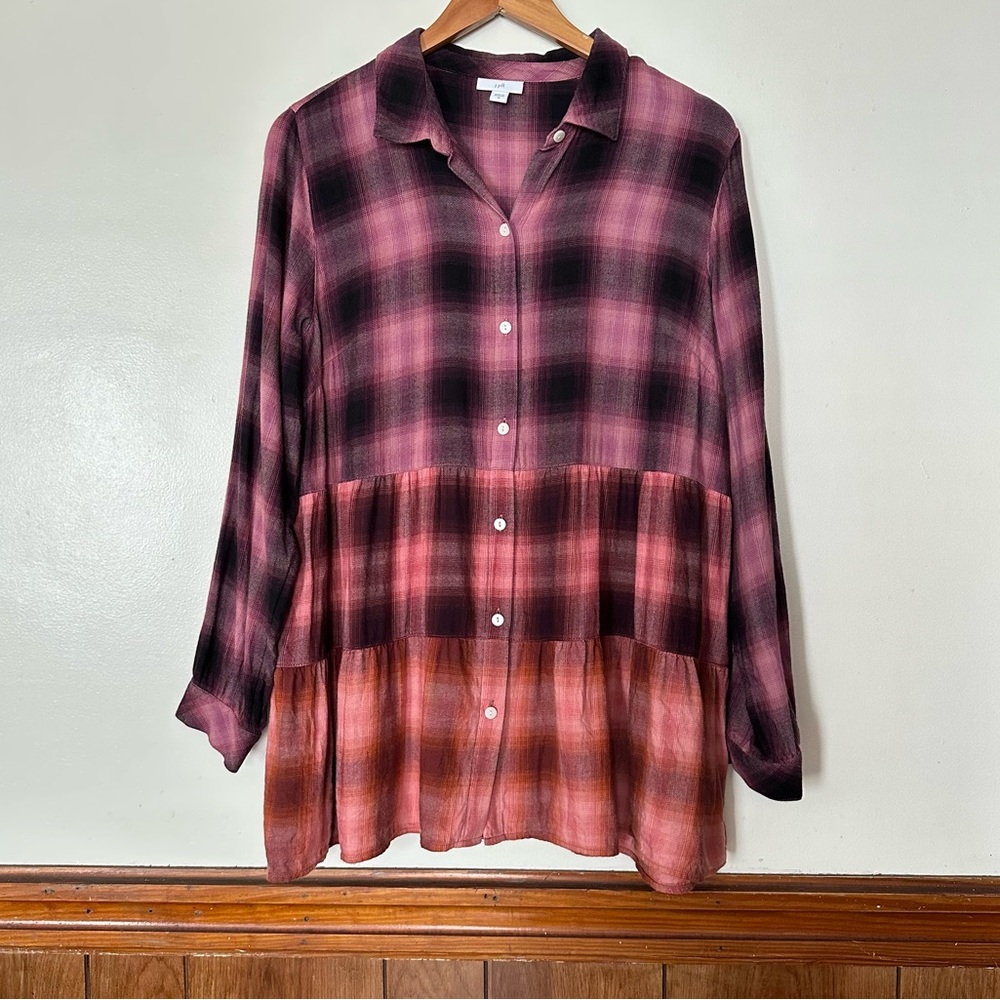 J. Jill Plaid Ombré Tiered Tunic Cotton Modal Rayon Top Size Medium Artsy Boho